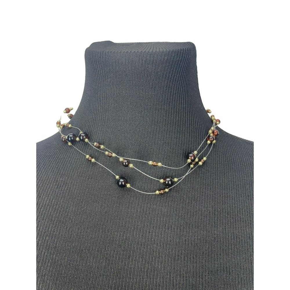 Martin Madam Floating Illusion Brown Tiger Eye Gold Beaded Gold Tone 3 Strand Fa